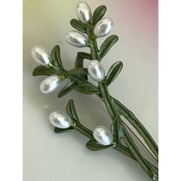 Vintage 60's Green Enamel Faux Pearl Spray Brooch Pin - Picture 8 of 9